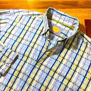 Robert Talbott mens XL blue purple plaid button up casual shirt EUC